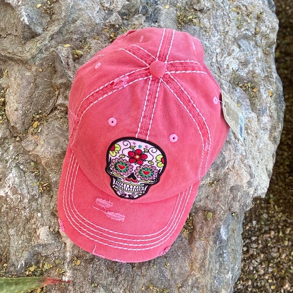 ⭐️NWT SUGAR SKULL DISTRESSED HAT in Salmon Pink - Picture 3 of 7
